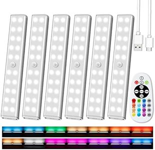 Under Cabinet Lighting Wireless with Remote, 48 LED Rechargeable Under Cabinet Lights, Kitchen Counter Lights Dimmable LED Closet Lights RGB Bar for Shelf, Car, Hallway, 15 Color Changing, 6 Pack