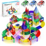 PicassoTiles 128 Piece Race Car Track Building Block Educational Toy Set Magnetic Tiles Magnet Playset 3 LED Car STEM Learning Construction Kit Hand-Eye Fine Motor Skill Training Brain Development