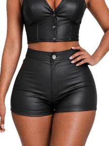 hibshaby Leather Shorts, Women's High Waist Faux Leather Shorts Summer Straight Leg Skinny Shorts Black S