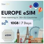 travSIM Europe eSIM | Data Only | 10GB Data | 4G/5G Speeds | Use The eSIM for Europe in The UK and 30+ EU Countries | The Plan on The eSIM is Valid for 7 Days