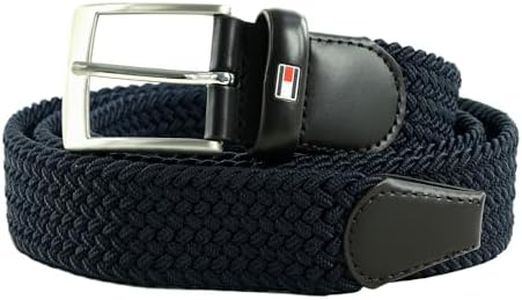 Tommy Hilfiger - Adan Men's Belt, Navy - 57% Elastane, 43% Polyester - Silver-Tone Plaque Buckle - Wardrobe Essentials - Tommy Hilfiger Accessories for Men - Size 100