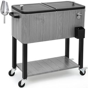 YITAHOME 80-Quart Rolling Cooler Cart w/Wheels, Outdoor Wagon Cooler w/Handles & Bottom Tray, Beverage Cooler Ice Chest w/Bottle Opener for Backyard Deck Party, Wood Grain Accent