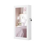 SONGMICS Wall-Mounted Jewellery Cabinet, Mirror with Storage, Lockable Mirrored Cabinet, Jewellery Organiser with Mirror, Space-Saving, White Surface, Greige Lining JJC051W02