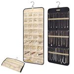 QUMENEY 1PC Hanging Jewelry Organizer Necklace Holder Dual-sided Jewelry Organizer Hanging with Metal Hooks Earring Sunglasses Tie 32 Pockets and 3 Wave-Shaped Hooks on Closet Wall Door Large Black