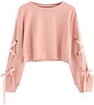 SweatyRocks Women's Casual Lace up Long Sleeve Pullover Crop Top Sweatshirt Solid Pink Small