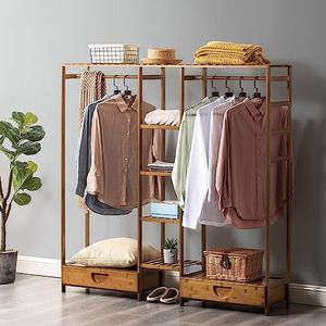 Furb Bamboo Clothes Hanging Rack, Garment Rack with Shelves, Open Wardrobe with Shelves, Clothing Rack with Shelves (150x30x145cm-Brown)