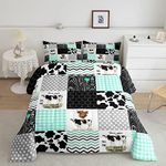 Cute Cow Print Comforter Set Twin Size Kawaii Highland Cow Bedding Set Bedroom Decor Honeycomb Plaid Pattern Geometric Stripes Down Comforter Cartoon Farm Animals Duvet Set, Green Black Grey