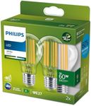 PHILIPS LED Ultra Efficient Light Bulb 2 Pack A Label Energy Rating [White 3000K - E27 Edison Screw] 60W A60 Clear. for Home Lighting., 929003066791