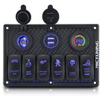 MICTUNING Waterproof Rocker Switch Panel with Fuse, 6 Gang ON-Off Toggle Switch + Dual USB + Digital Voltmeter + Cigarette Lighter Socket Blue LED for Marine Boat Car Rv Vehicles Truck