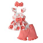 3PCS Infant Baby Girls Summer Clothes Toddler Pullover Floral Bow Sling Tops Solid Shorts Headband Outfit Set Pink 6-9 Months