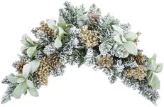 SHACOS 30" Christmas Swag for Front Door Artificial Snowy Spruce Wreath Decoration with Gold Pine Cone Gold Berries Flocked Lambs Ear Leaves for Window Wall Fireplace Mantle Holiday Xmas Decor