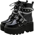 Parisuit Womens Goth Patent Ankle Boots Platform Chunky High Heel Lace Up Combat Boots Punk Short Booties, Black 1, 9