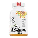 PlantVital Organic Ashwagandha Supplement with Black Pepper - Made in Canada - 2,600mg per day - Ashwagandha Capsules for Stress Relief, Energy Increase, Sleep Aid & Memory Support - 120 count