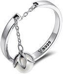 CHENGMEN Dangle Simulated Pearl Flower Type Personality Ring Adjustable Size Chain Opening 925 Sterling Silver Rings for Women Girls Mother's Day