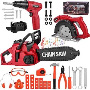 Mathea Kids Tool Set 36Pcs Pretend Play Series Chainsaw Toy Tool Play Set, Electric Toy Chainsaw and Drill for Toddler Boy Girl Child Tool Set
