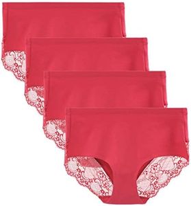 LIQQY Women's 4 Pack Combed Cotton Breathable High Rise Lace Full Coverage Brief Panty Underwear (Medium, Red)