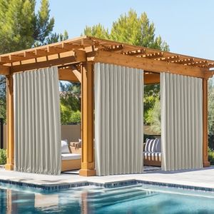 NICETOWN 2 Panels Outdoor Curtains Waterproof Pocket & Back Tab on Top & Bottom, Thermal Insulated Windproof Sun Blocking Outside Privacy Drapes for Patio with Fixed Rope, W84 x L95, Natural