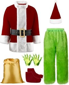 PrettyQueen Christmas Halloween Green Santa Claus Costume Funny Santa Suit for Men Adult Cosplay Costume Xmas Outfit (Medium)