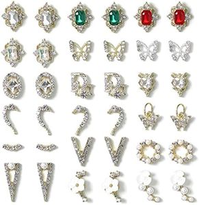 Ginojex 36Pcs 3D Nail Art Rhinestones Charms Alloy Crystal Gold Butterfly Gems Pearl DIY Manicure Salon Phone Case Decorations