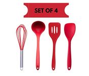 Femora Premium Virgin Silicone Kitchen Tools Combo- Egg Whisk, Laddle, Slotted Turner, Spoon with Grip Handle, Red, Set of 4