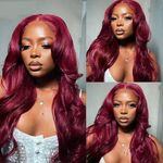 DUAUJUIU 13x4 Lace Front Wigs Human Hair 180% Density Burgundy Wigs Body Wave Human Hair Wig for Women Glueless Wig Pre Plucked With Baby Hair Natural Hairline Lace Frontal Wig 28 Inch