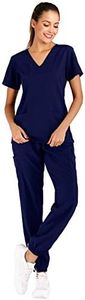 Minty Mint Women's Solid Stretch Medical Uniform Scrub Set V Neck Top Cargo Tapered Jogger Pants Indigo Blue M