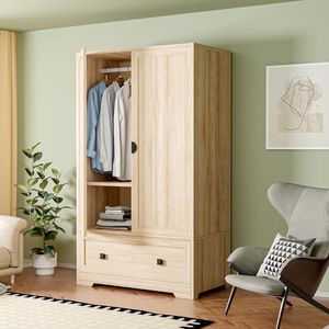 VINGLI Wardrobe Closet, Armoires and Wardrobes with Doors,Hanging Rod, Shelves and Drawer, Freestanding Closet Wardrobe Cabinet, Oak Armoire Wardrobe for Bedroom, Dorm, 38" W x 21" D x 65" H