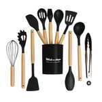 Klick n shop Silicone Kitchen Spatula and Utensils Spoon Set Cooking + Baking Set- 12 Pcs Non-Stick with Wooden Handle-BPA Free, Heat Resistant Item, Flexible Non Toxic Silicon Cookware Tools (Black)
