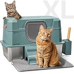 PetCove Stainless Steel Litter Box with Lid - XL High Sides Metal Cat Liter Box - Enclosed Cat Litter Box - 3 in 1 Extra Large Litter Box Stainless Steel for Indoor Cats - Green
