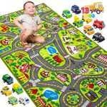 JOYIN Kids Play Rugs with 12 Pull-Back Vehicle Set, Durable Kids Carpet Playmat Rug, City Pretend Play, Toddler Car Track Rug