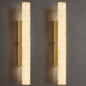 MDEGLYO Artisan Alabaster Wall Sconces Set of 2, 36in Long Brass Linear Sconce, Faux Alabaster Bathroom Vanity Lights, 3000K Dimmable Gold Modern Wall Light for Bedroom, Living Room, Hallway, Stairs