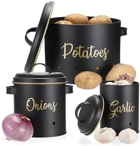 OwnMy Set of 3 Potato Onion Garlic Storage Bins Vegetable Containers Food Containers for Kitchen Counter, Potato Onion Storage Containers for Pantry Garlic Storage Jars Vegetable Canisters Set, Black