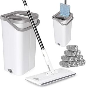 MASTERTOP Balai Plat Microfibre 140cm et Seau Essoreur, Serpillière Rotative 360° et Seau Auto-Lavage, Vadrouille de Mains Libre pour Nettoyage de Sol Lisse avec 10 Tampons Réutilisables (Blanc)
