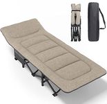 ATORPOK Camping Cot for Adults with Cushion and Pillow, Portable Folding Bed for Sleeping, Lightweight Tent cot with Carry Bag Supports 450 lbs (Khaki)