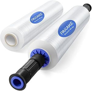 PARAKE 2-Pack Stretch Wrap Film, 15 Inch x 1000 Feet Shrink Wrap with Handles, Industrial Strength Plastic Wrap Roll, Heavy-Duty Shrink Film Roll, for Moving Storage Pallet Packing, 60 Gauge, Clear