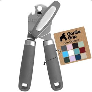 Gorilla Grip Heavy Duty Stainless Steel Smooth Edge Manual Hand Held Can Opener With Soft Touch Handle, Rust Proof Oversized Handheld Easy Turn Knob, Best Large Lid Openers for Kitchen, Gray