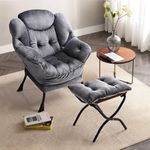 Furb Armchair Lounge Chairs with Footstool Ottoman - Modern Lazy Chairs Velvet Fabric Sofa Chair with Armrests and Side Pockets, Reading Accent Nursing Chair for Bedroom, Living Room, Balcony (Grey)