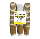 Zuvo Ripple Takeaway Paper Coffee Cups with Lids - [30 Cups, 12 OZ] - Ideal for Tea, Coffee, Hot Water - Disposable 30-Pack - Lids Included - Triple Heat Insulated - for Office Use - Kraft White