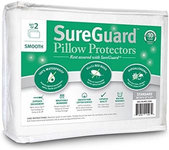 Set of 2 Standard Size SureGuard Pillow Protectors - 100% Waterproof, Bed Bug Proof, Hypoallergenic - Premium Zippered Cotton Covers - 10 Year Warranty - Smooth