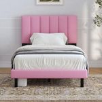 Bed Frames, Lukace Twin Bed Frames with Upholstered Headboard, Without Box Spring Needed, Easily Assembly Bed Frames with Sturdy Wood, Withoutn-Slip Without Noise (Twin，Pink)