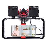 Andoer Smartphone Video Rig Kit Including Smartphone Cage with 3 Cold Shoe Mounts + 2pcs Mini LED Video Lights + Microphone with Shock Mount Wind Screen for Vlog Video Recording Live Streaming