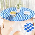 Spotjoy Round Picnic Table Cloth, Waterproof Elastic Fitted Outdoor Table Covers for 36" - 44" Tables, Wipeable Flannel Backed Plastic Vinyl Tablecloths for Camping, Dining and Indoor, Blue & White