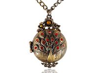 Alilang Vintage Inspired Brass Tone Ruby Rhinestones Peacock Bird Lock Pendant Necklace