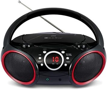 SINGING WOOD 030C Portable CD Player Boombox with AM FM Stereo Radio, Aux Line in, Headphone Jack, Supported AC or Battery Powered (Black with a Touch of Red Rims)