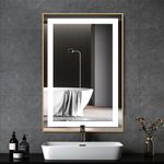 LifeSky Framed LED Bathroom Mirror - Dimmable Anti Fog Lighted Bathroom Mirrors - Wall Mounted Front Lit LED Vanity Mirror Gold Frame