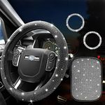 Yumzeco Bling Steering Wheel Cover,Sparkly Steering Wheel Cover,Crystal Steering Wheel Cover Set with 1 PCS Diamante Wheel Cover,Bling Console Cover Bling Armrest Protector,2 PCS Bling Ignition Rings