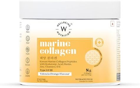 Wellbeing Nutrition Pure Korean Marine Collagen Peptides Supplement for Skin, Hair, Nails & Joints | Clinically Proven | High Absorption 8 gms Collagen, Valencia Orange, 120 gms