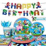 Super Mario Birthday Party Supplies Tableware-128pcs Super Mario Brothers Party Pack - Super Mario Party Plates Cups Napkins Tablecloth Banner etc Mario Birthday Decorations for Kids