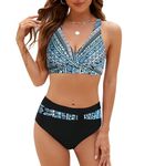 SEAFORM Womens Two Piece Swimsuits Wrap Front Bikini High Waisted Bottom Tummy Control Bathing Suits Vintage Print Swimwear, Blue+black, Large