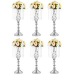 NUPTIO Crystal Flower Stand Wedding Road Lead Tall Flower Holders Centerpiece Crystal Flower Chandelier Metal Flower Vase for Reception Tables Wedding Supplies (Medium - 6 Pcs, Silver)